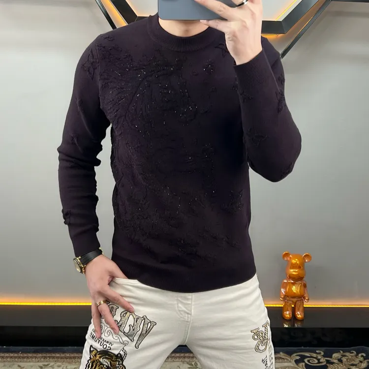 欧洲站秋冬季长袖针织衫烫钻马到成功修身男士提花弹力毛衣