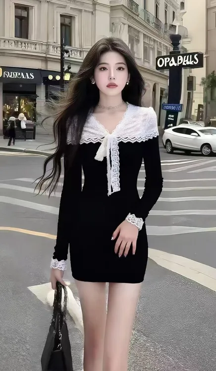 秋季新款黑色性感御姐范连衣裙蕾丝拼接V领收腰修身显身材包臀裙