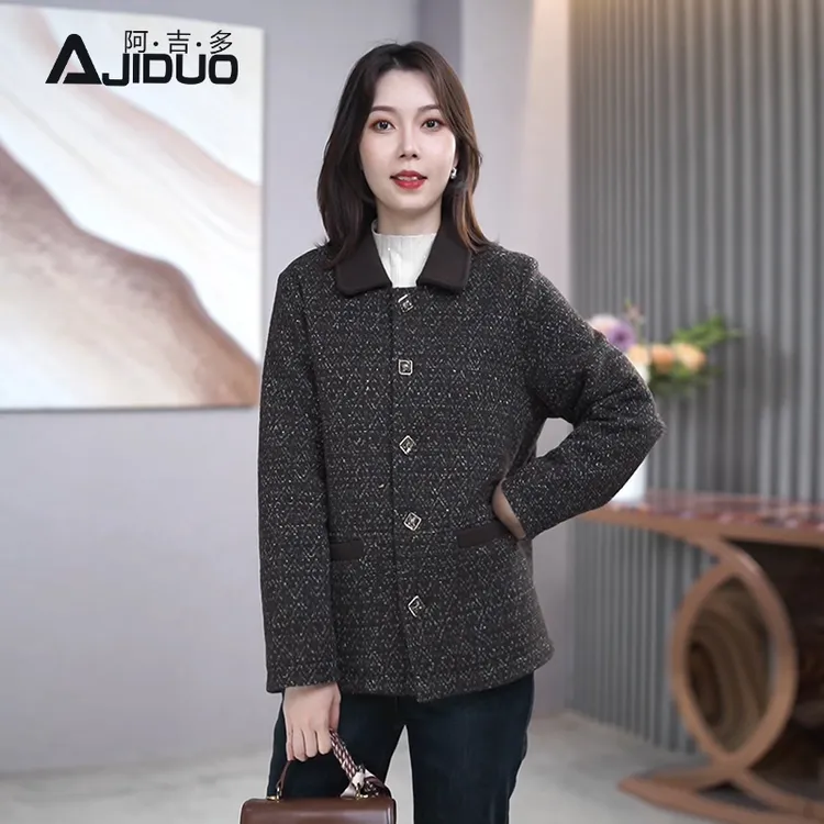 A32907阿吉多长袖复古提花毛呢外套女秋冬新款中老年妈妈呢子上衣
