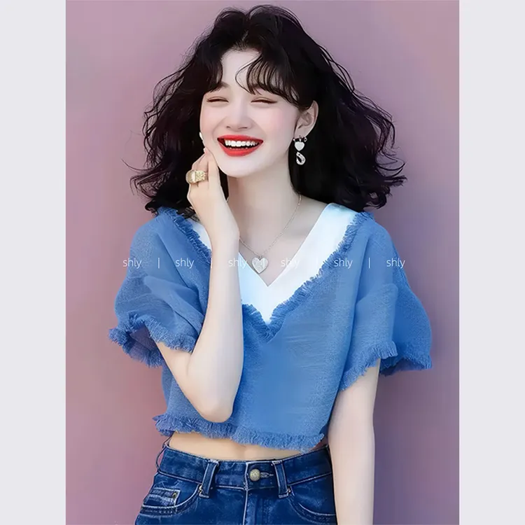 洋气独特别致漂亮超好看气质蓝色流苏短袖上衣女2025新款爆款夏款