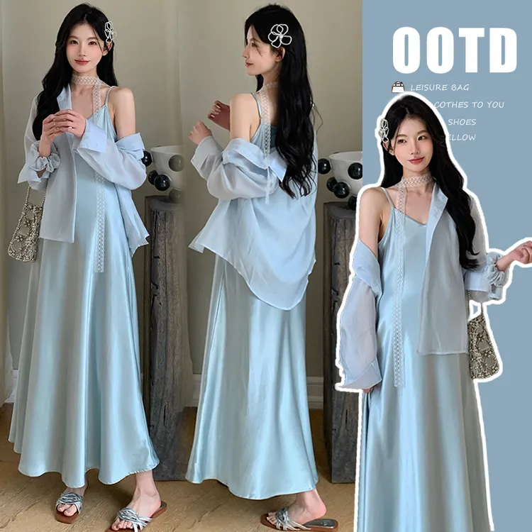 时髦孕妇装新款2025夏装套装时尚慵懒风长款吊带裙防晒衬衫两件套