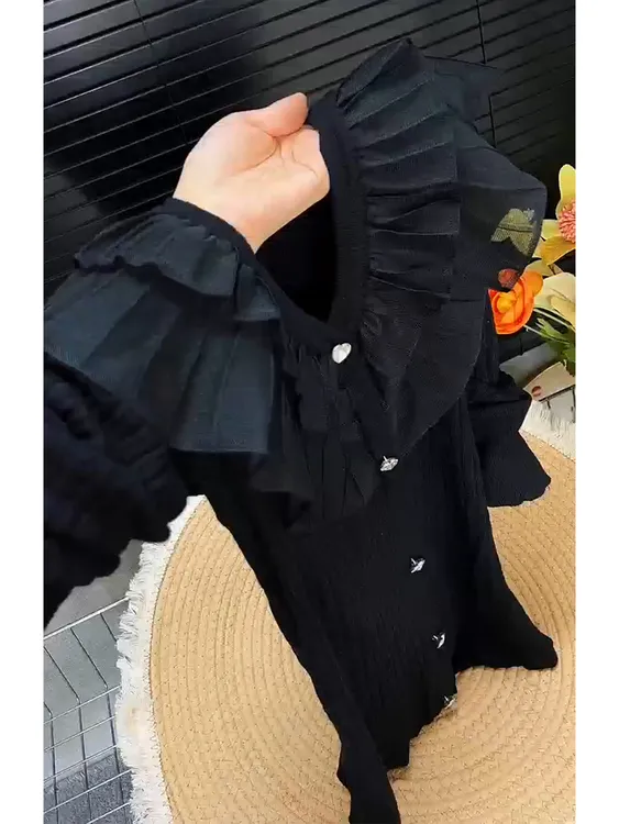 欧货v领长袖荷叶边拼接单排扣毛衣2025早秋薄款时尚针织开衫上衣
