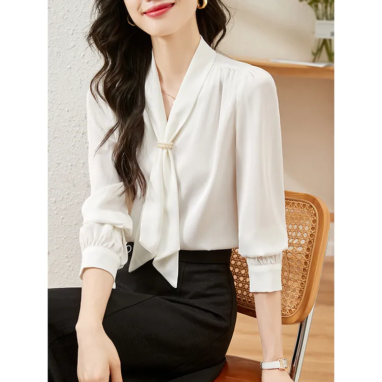 通勤气质飘带白色衬衫女2025年春装新款面试职业休闲宽松长袖衬衣