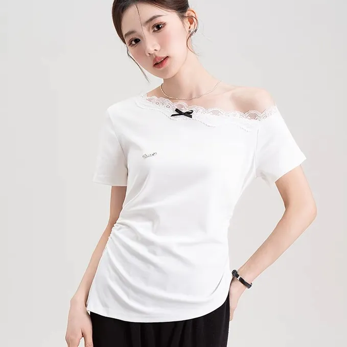 100纯棉白色蕾丝花边斜肩露锁骨设计感修身辣妹短袖t恤女夏季上衣