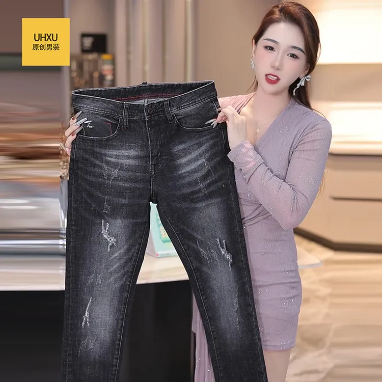 UHXU高端美式新款破洞牛仔裤男潮牌冬季爆款直筒男士显瘦小脚裤子
