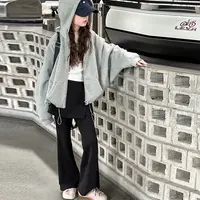 【Maila童装】女童极简纯色连帽卫衣外套女孩黑色喇叭裤春秋套装
