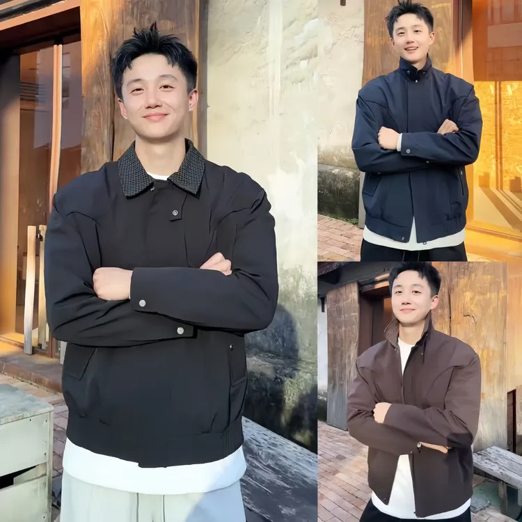 秋季新款格子拼色翻领复古美式男哈灵顿夹克户外防风立领休闲外套