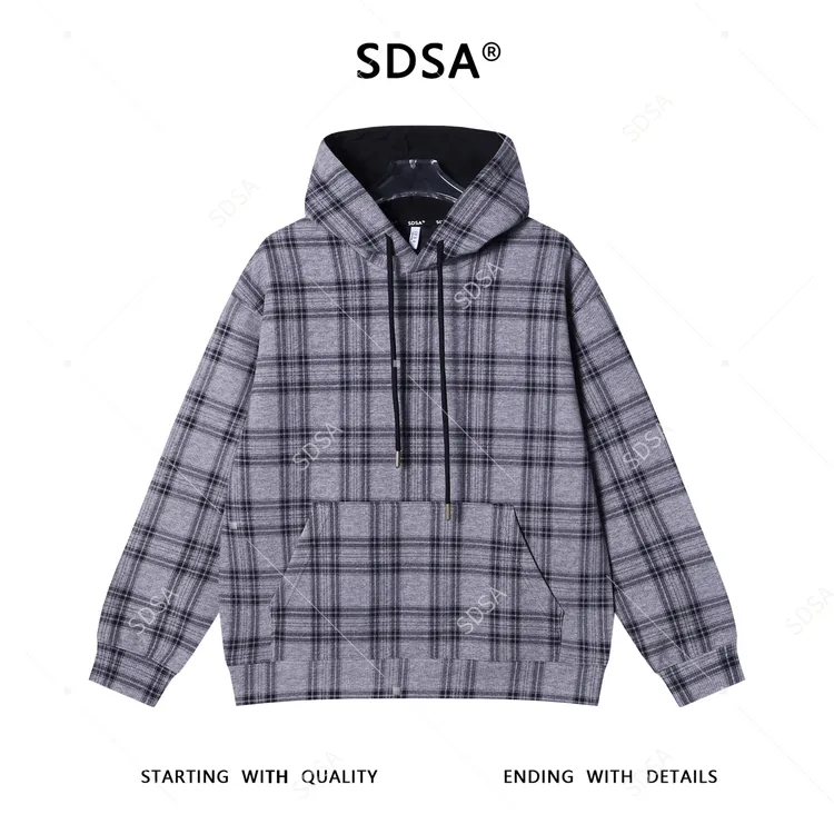 SDSA男士秋冬新款痞帅男装复古格子连帽卫衣宽松休闲百搭套头上衣