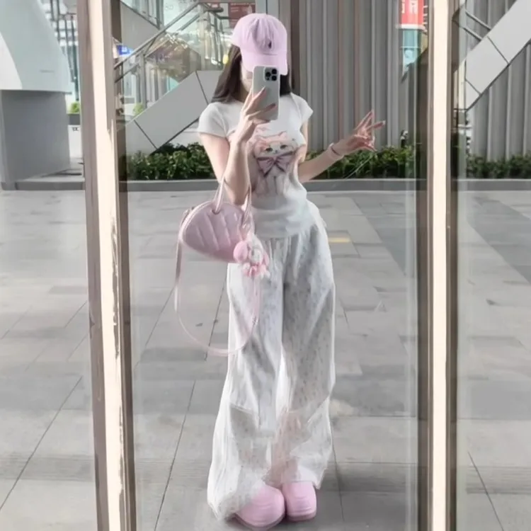 可爱少女休闲运动套装2025夏季正肩修身短袖T恤碎花阔腿裤两件套