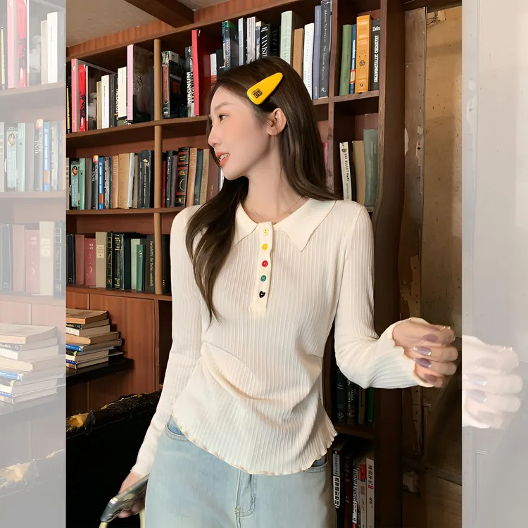 妥妥纯欲战衣！polo领彩色纽扣长袖t恤女2025韩系早秋新款褶皱内搭
