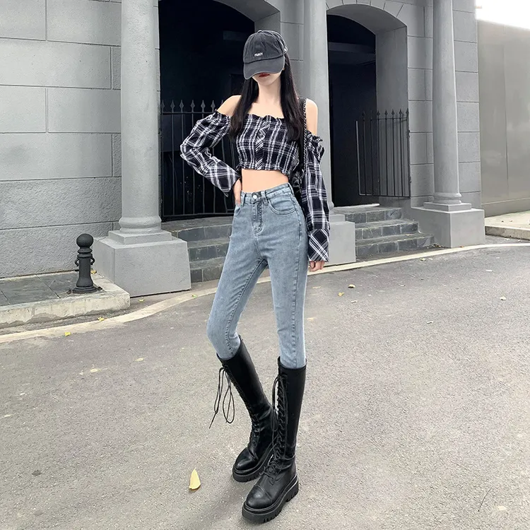 休闲水洗牛仔裤黑色铅笔裤女秋冬季新款高腰显高显瘦小脚铅笔裤