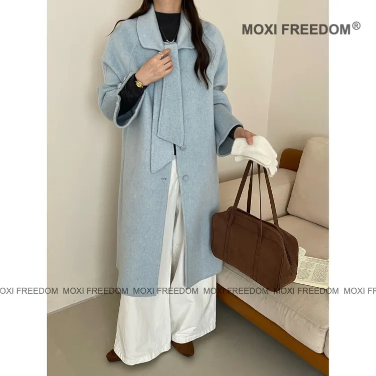 【圣托尼雾】25年蓝色小个子围脖绑带蝴蝶结双面羊毛呢大衣外套女装