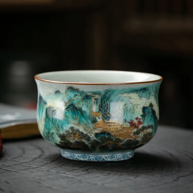 哥窑开片珐琅彩山水主人杯陶瓷仿古单杯专用杯子