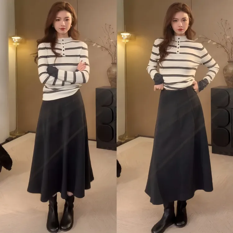  2025秋冬新款出游穿搭时尚洋气百搭针织上衣休闲气质半身裙套装