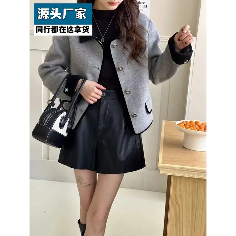 梵乐芬2025秋冬新款小香风双面羊毛大衣女短款撞色小个子精致羊毛