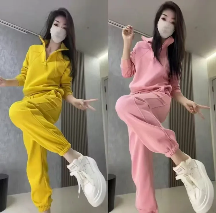 欧洲站时尚套装女2025秋季新款纯色拉链洋气显瘦卫衣束脚裤两件套
