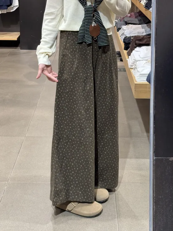 咖色印花阔腿裤女秋季新款高腰松紧宽松显瘦百搭复古碎花休闲裤子
