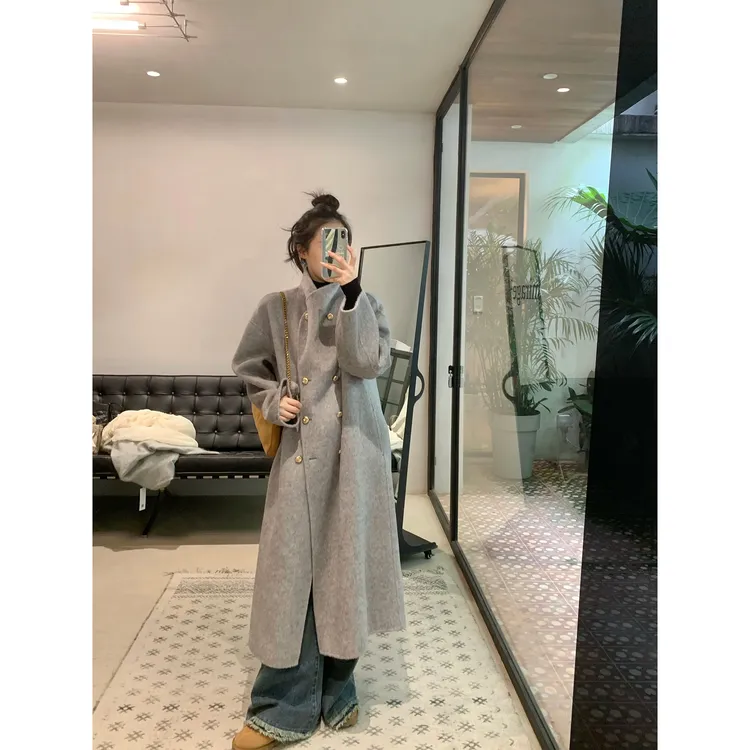 ICELOLLY灰色双面呢子大衣女2024秋冬季高级感气质毛呢外套小个子