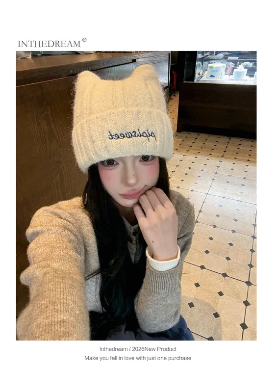 猫耳朵帽子女款秋冬季韩系高级感可爱保暖护耳显脸小针织毛线冷帽