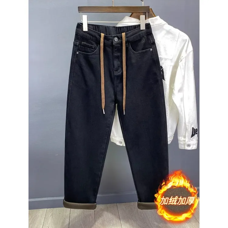 冬季新款黑色加绒牛仔裤男松紧腰宽松直筒薄绒保暖休闲百搭长裤子