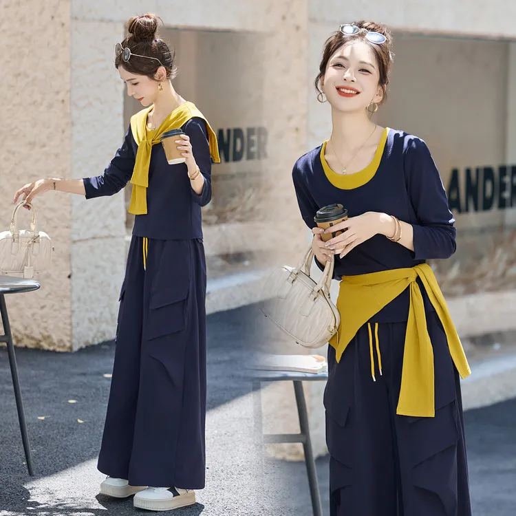 韩系披肩针织衫休闲套装女2025年秋季新款高级感洋气阔腿裤三件套