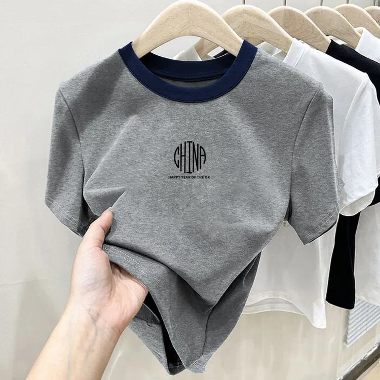 2025新款正肩纯棉短袖t恤女ins休闲百搭插色洋气撞色灰色上衣夏季