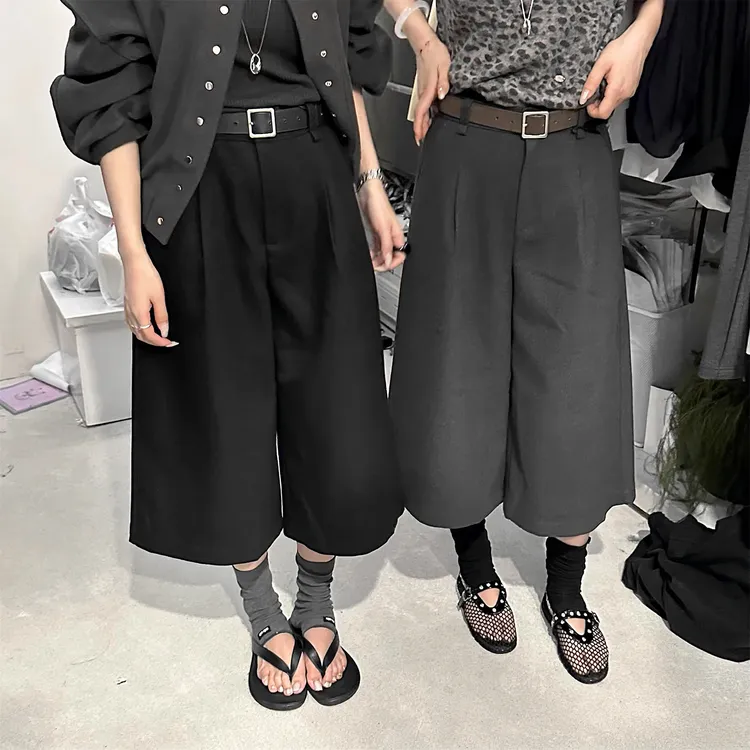 韩系复古纯色毛呢宽松阔腿七分裤女2025秋季新款小个子高腰直筒裤