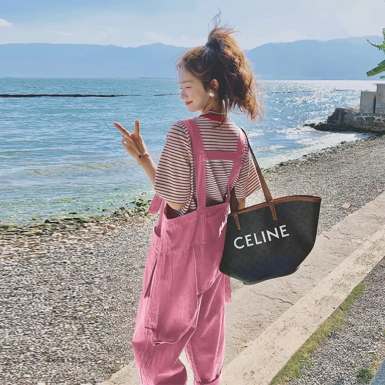 粉色牛仔奶系桔梗背带裤套装女2025新款学院风休闲时尚显瘦两件套