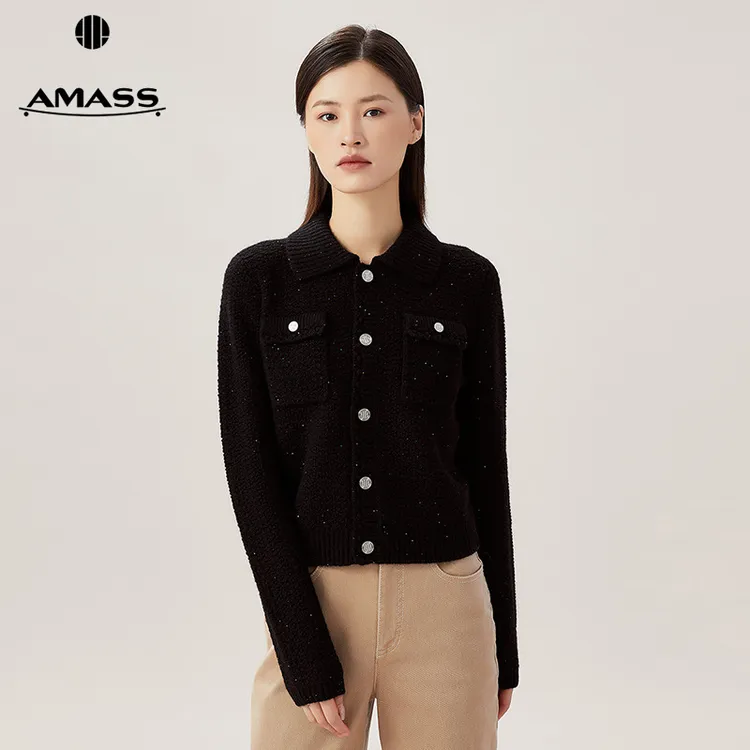 阿玛施AMASS新款羊毛优雅千金小香风显瘦翻领长袖针织外套5499168