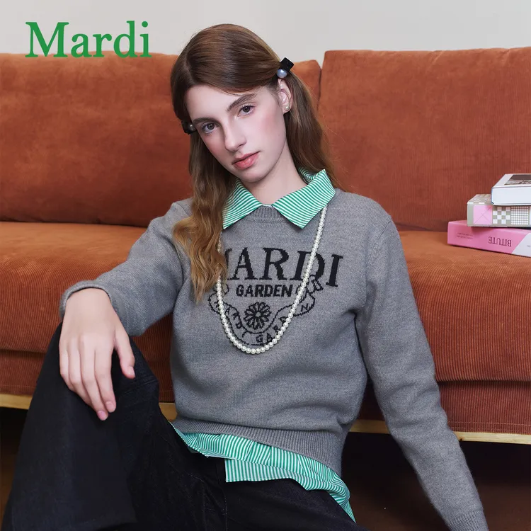 Mardi秋季小雏菊印花圆领老钱经典百搭长袖毛针织衫MZZ2532349