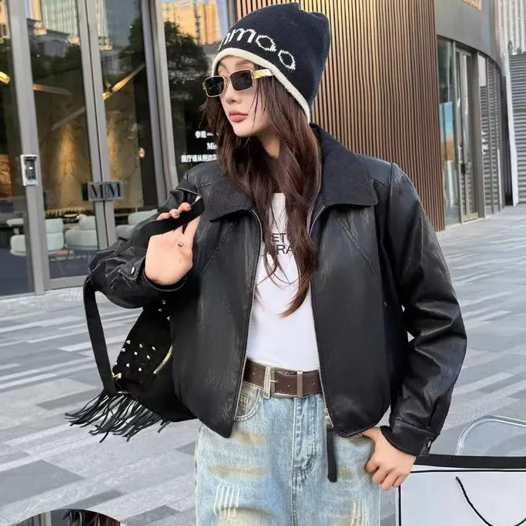 复古港风翻领PU皮衣短外套2025秋季爆款束身显瘦束身机车女装夹克