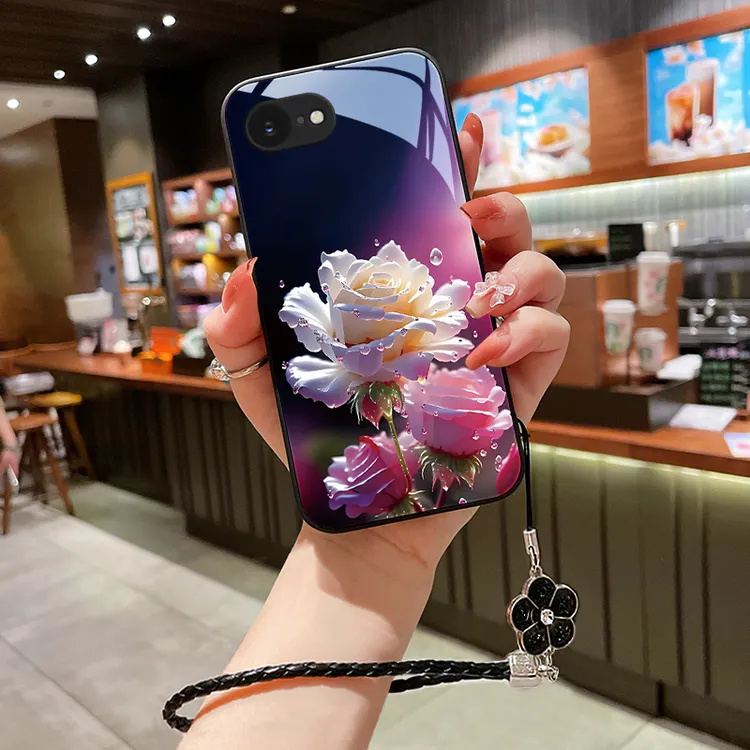 绽放玫瑰适用苹果16e手机壳iPhone16e玻璃壳苹果16E女挂绳超薄硅