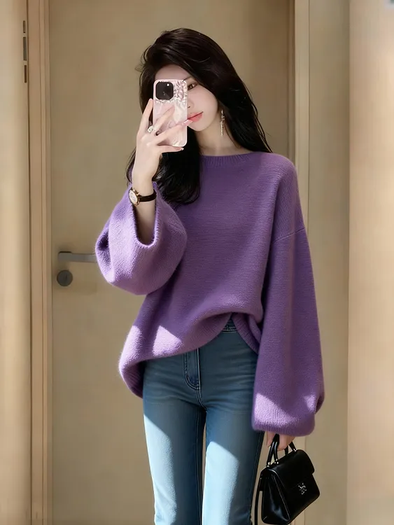 高级感紫色圆领针织衫女秋季2025新款软糯糯小众减龄百搭毛衣上衣