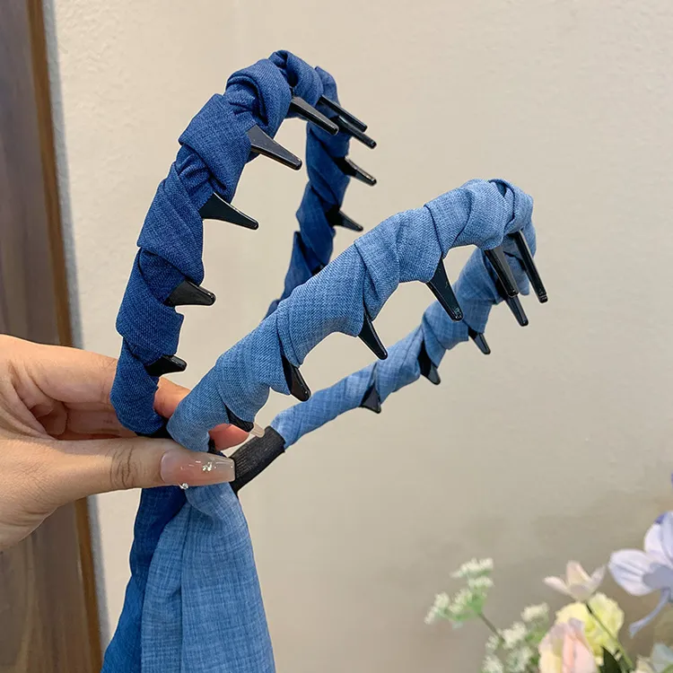 牛仔飘带发带新款夏日清凉感麻花纽结全扎齿梳飘带发箍宽边头箍ZB