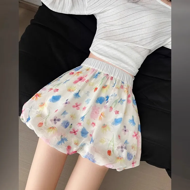 彩色冰丝花苞裙裤女夏季新款高腰休闲a字碎花半身裙薄款宽松短裤