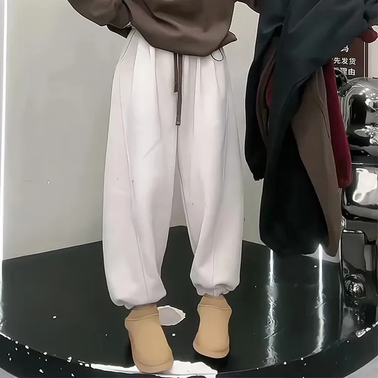 大码胖mm加绒加厚小个子显高卫裤女秋冬新款高腰抽绳束脚裤休闲裤