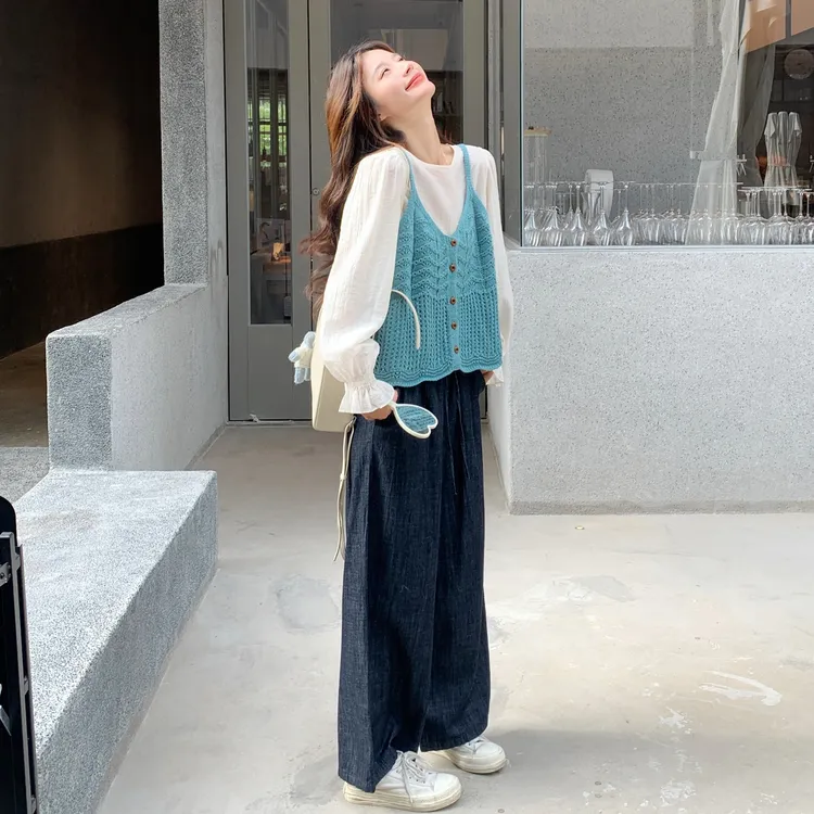 慵懒风时尚减龄百搭套装女秋季新款复古衬衣针织马甲阔腿裤三件套