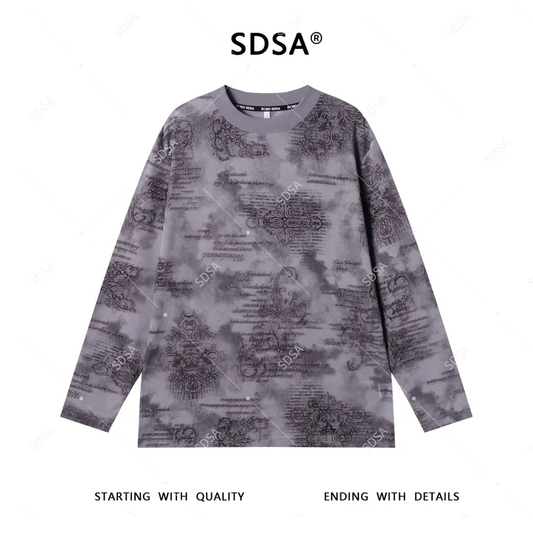 SDSA男士长袖t恤2025新款轻奢痞帅男装扎染舒适满印字母圆领上衣