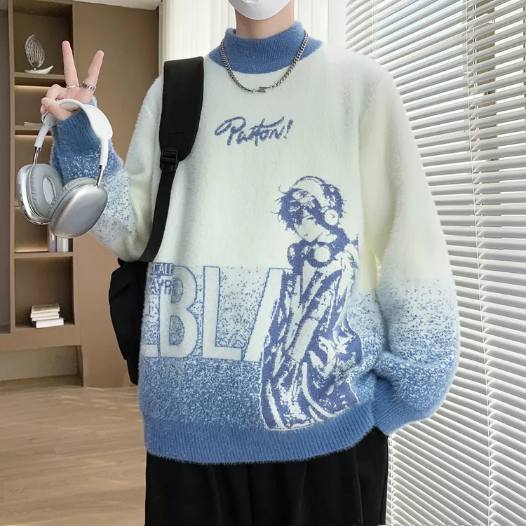 青少年半高领男士毛衣冬季学院风百搭潮流加绒加厚学生打底针织衫