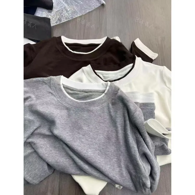 慕斯羊绒假两件」软糯弹力不变形~秋款圆领设计感百搭显瘦上衣款女