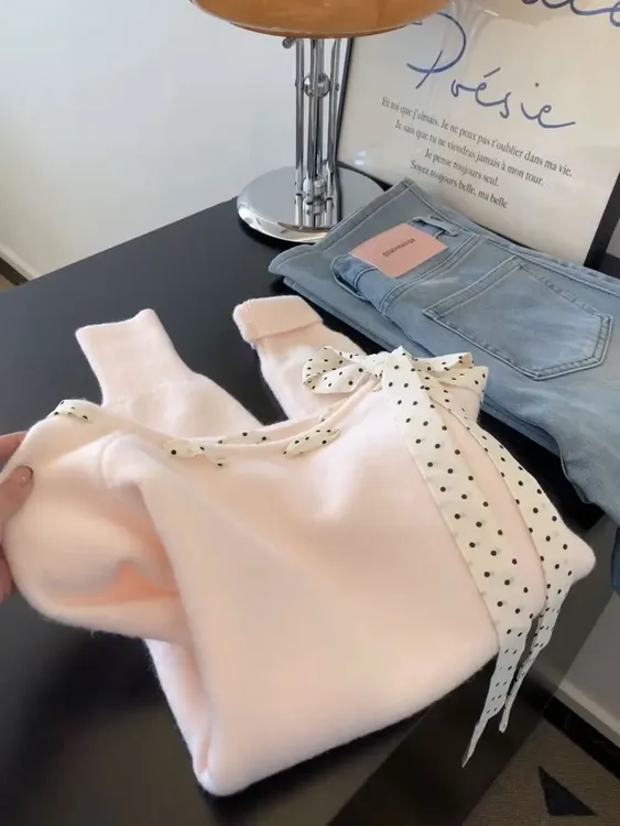 波点系带蝴蝶结粉色毛衣针织衫女秋冬季甜美气质宽松显瘦内搭上衣