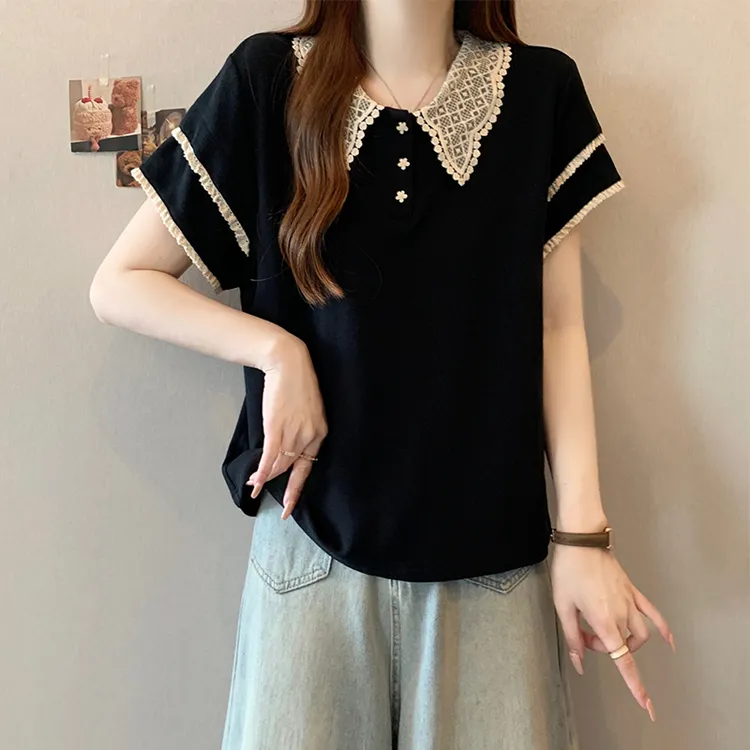 大码女装遮肚子娃娃领蕾丝短袖t恤女夏季胖妹妹宽松显瘦正肩上衣