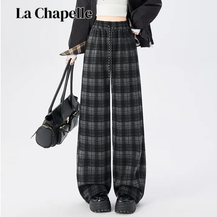拉夏贝尔加绒加厚毛呢格子裤女秋冬直筒休闲裤宽松百搭显瘦阔腿裤