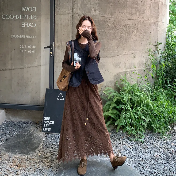 两面穿印花马甲T恤蕾丝半裙2025春秋新款复古美拉德通勤风三件套