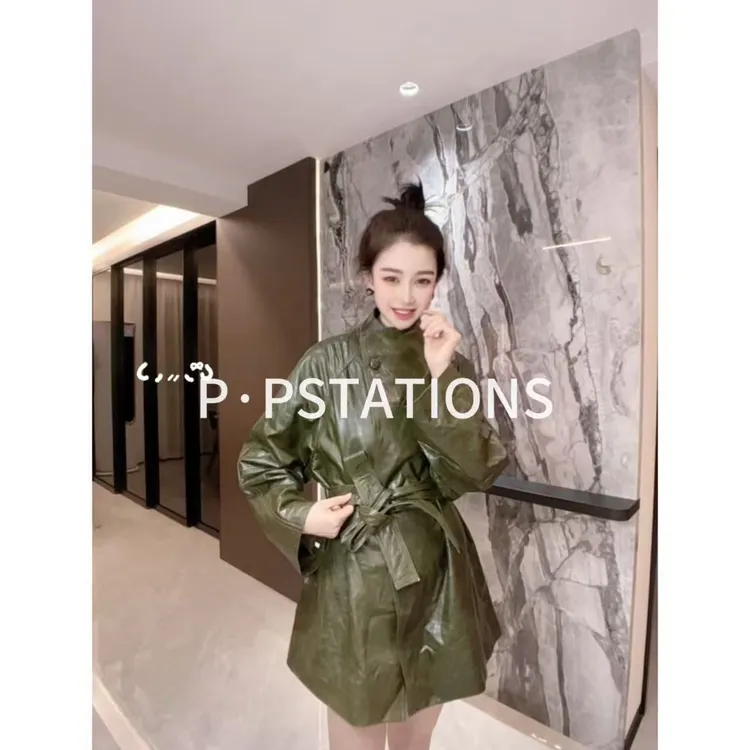 PP 2025｜春意盎然 琥珀流光风真皮一粒扣冷萃色腰带风衣59300