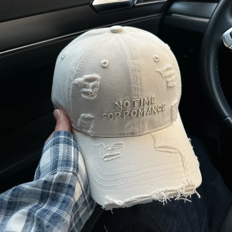 破洞棒球帽女字母刺绣水洗棉鸭舌帽显脸小加大加宽帽檐软防晒运动