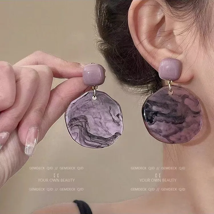 合金树脂耳饰 复古港风雾紫色不规则晕染亚克力耳环个性设计耳饰