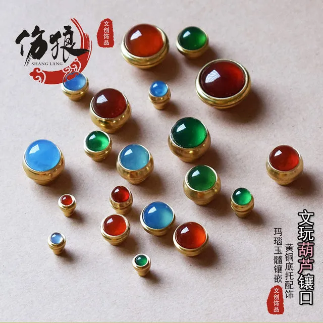 天然小葫芦玛瑙镶口黄铜配饰文玩手把件玉髓旋转盖型螺母塞子手工