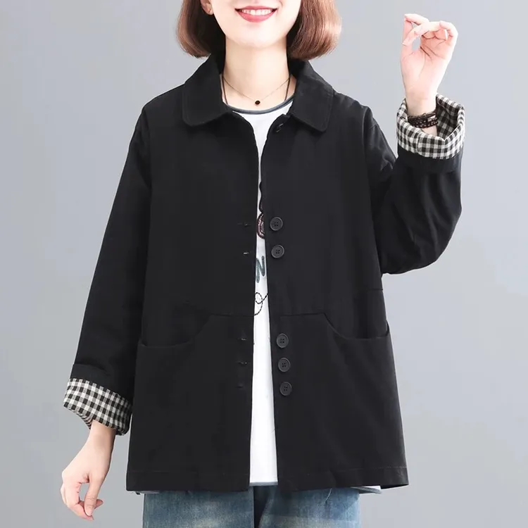 短款黑色外套女民族风文艺复古宽松休闲百搭减龄长袖翻领上衣女式