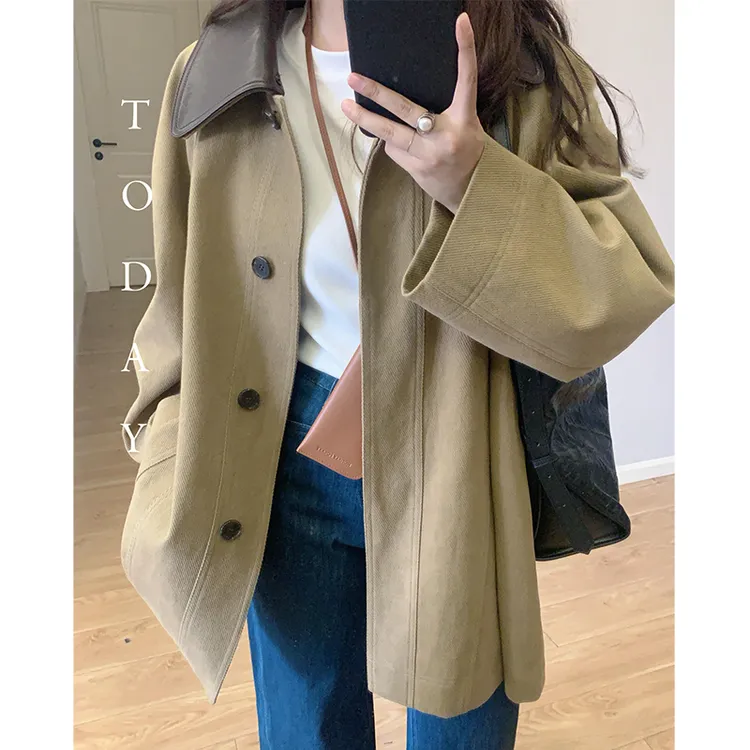 秋季高级感中长款风衣外套女复古撞色百搭翻领设计